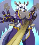  anthro areola areola_slip big_breasts breasts cleavage clothed clothing erect_nipples female horn huge_breasts melee_weapon nipple_bulge nipples solo sssonic2 sword under_boob unknown_species weapon wings 