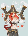  antique_firearm blue_background breasts cleavage dual_wielding firearm firelock flintlock green_eyes groin gun hair_over_one_eye hat heart highres holding large_breasts league_of_legends looking_at_viewer midriff navel parted_lips pirate_hat red_hair sarah_fortune simple_background solo splashbrush thighs weapon 