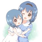  :d age_difference araki495 blue_hair braid brown_eyes casual collarbone furutani_himawari furutani_kaede hairband height_difference hug multiple_girls one_eye_closed open_mouth siblings sisters smile yuru_yuri 