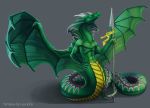  anthro bat_wings dragon green_scales holding_object holding_weapon hybrid male melee_weapon membranous_wings naga nude polearm reptile scales scalie schiaraa snake solo spear terralux weapon wings 