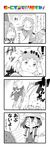  3girls 4koma :d ^_^ absurdres animal_ears attack backpack bag black-tailed_prairie_dog_(kemono_friends) blush_stickers bow bowtie closed_eyes comic commentary_request expressionless fur_collar gloves grabbing greyscale half-closed_eyes hand_on_another's_head hat hat_feather helmet highres kaban_(kemono_friends) kemono_friends long_sleeves looking_at_another looking_down monochrome motion_lines multiple_girls open_mouth pith_helmet prairie_dog_ears prairie_dog_tail punched serious serval_(kemono_friends) serval_ears serval_print shirt short_hair short_sleeves shorts silhouette skirt smile speed_lines sunagawa_(sunagawa383) surprised sweat sweating_profusely t-shirt tail translated 