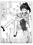  1koma afterimage ai_takurou balancing ball blush comic commentary_request exercise_ball full_body greyscale hakama_skirt houshou_(kantai_collection) japanese_clothes kantai_collection kimono monochrome motion_lines open_mouth sandals solo thighhighs translated trembling 