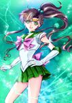  bishoujo_senshi_sailor_moon bow brown_hair choker circlet contrapposto earrings elbow_gloves gloves green_choker green_eyes green_sailor_collar green_skirt hair_bobbles hair_ornament hand_on_hip jewelry kino_makoto miniskirt open_mouth pink_bow pink_ribbon pleated_skirt ponytail ribbon rose_earrings sailor_collar sailor_jupiter sailor_senshi_uniform shiny shiny_hair sidelocks signature skirt smile solo sparkle standing tsukasaki_ryouko white_gloves 