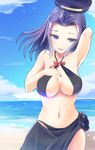  :d arm_behind_back arm_up armpits beach bikini black_bikini black_flower blue_eyes bow breasts breasts_apart cloud collarbone cowboy_shot day flower halterneck hamalu hand_on_own_chest happy head_tilt highres kantai_collection large_breasts light_particles long_hair looking_at_viewer mechanical_halo navel ocean open_mouth outdoors purple_hair red_bow sarong see-through sky smile solo standing swimsuit tatsuta_(kantai_collection) water 