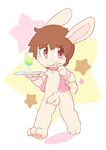  anthro balls blush bow_tie brown_fur brown_hair clothing cub eating food fur hair jacket lagomorph male mammal mostly_nude oob pawpads penis pink_eyes rabbit serving simple_background solo star uncut young 