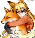  animal animal_ears animal_hug black_gloves blonde_hair blush dated ezo_red_fox ezo_red_fox_(kemono_friends) fox fox_ears fur_trim gloves hair_between_eyes happa_(cloverppd) hug jacket kemono_friends lips long_hair long_sleeves looking_at_viewer simple_background white_background yellow_eyes 