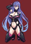  blue_hair bodysuit breasts cleavage elbow_gloves gloves highres iris_heart kami_jigen_game_neptune_v large_breasts leotard long_hair looking_at_viewer navel neptune_(series) pink_eyes power_symbol red_background revo_(artist) simple_background smile solo stomach symbol-shaped_pupils very_long_hair 