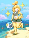 2017 animal_crossing anthro areola blush breasts canine clothed clothing clownfish dog eel female fish fur hair hi_res isabelle_(animal_crossing) mammal marine navel nintendo nipples outside sea seaside sky smile snao solo thick_thighs video_games water wide_hips yellow_fur 