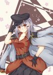  bad_id bad_pixiv_id belt black_gloves black_skirt blush breasts buttons chichukai-fu_mizuki cleavage collared_shirt facial_scar gangut_(kantai_collection) gloves grey_hair hair_between_eyes hair_ornament hairclip hand_on_headwear hand_on_hip hat jacket_on_shoulders kantai_collection large_breasts long_sleeves looking_at_viewer military military_hat military_jacket military_uniform miniskirt pleated_skirt red_eyes red_shirt remodel_(kantai_collection) scar scar_on_cheek shirt short_sleeves skirt smile solo uniform white_background 