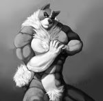  2013 abs anthro biceps big_muscles biped black-kalak body_hair canine chest_hair cracking_knuckles digital_media_(artwork) dog eyebrows fluffy fluffy_tail front_view frown grey_background greyscale half-length_portrait looking_at_viewer male mammal monochrome muscular muscular_male nude otso pecs portrait pubes signature simple_background solo standing 