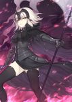  ahoge armor armored_dress bangs black_legwear breasts commentary eyebrows_visible_through_hair fate/grand_order fate_(series) faulds gauntlets grey_hair headpiece highres holding holding_sword holding_weapon jeanne_d'arc_(alter)_(fate) jeanne_d'arc_(fate)_(all) large_breasts light_smile looking_at_viewer mashu_003 short_hair solo standard_bearer standing sword thighhighs thighs weapon yellow_eyes 