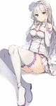  arms_at_sides ass bangs boots braid breasts commentary crown_braid emilia_(re:zero) eyebrows_visible_through_hair flower gloves hair_flower hair_ornament hands_on_own_chest hands_up highres long_hair looking_at_viewer medium_breasts panties pleated_skirt pointy_ears purple_eyes re:zero_kara_hajimeru_isekai_seikatsu revision rikoma sidelocks silver_hair sitting skirt thighhighs thighs underwear very_long_hair white_background white_footwear white_gloves white_hair white_legwear white_panties white_skirt 