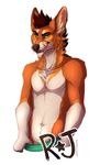  2017 anthro athletic biped brown_fur brown_hair brown_nose canine cheek_tuft chest_tuft clothed clothing digital_media_(artwork) eyebrows front_view fur green_bottomwear green_clothing green_underwear hair half-length_portrait hi_res jackal licking licking_lips looking_at_viewer male mammal multicolored_fur name_badge navel orange_fur pecs pink_tongue portrait short_hair signature simple_background snout solo tazara teasing tj_(rikes) tongue tongue_out topless tuft underwear underwear_pull white_background white_fur yellow_eyes 