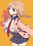  black_skirt blonde_hair breasts brown_eyes closed_mouth copyright_name cowboy_shot finger_on_trigger gun hair_ornament hairclip heart heart_hair_ornament highres holding holding_gun holding_weapon jacket large_breasts looking_at_viewer mochizuki_kei narusawa_ryouka necktie occultic;nine open_clothes open_jacket plaid plaid_skirt pleated_skirt school_uniform short_hair skirt solo striped striped_neckwear weapon 