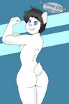  2017 anthro areola athletic big_butt blue_eyes breasts butt butt_shot digital_media_(artwork) english_text feline female fur hair hi_res huge_butt looking_at_viewer mammal mcfly0crash nipples nude short_hair simple_background small_breasts smile solo text thick_thighs tomboy 