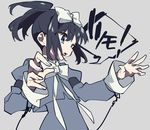  black_hair blue_eyes bow cuffs grey_background hair_bow hands_up highres juliet_sleeves kunihiro_hajime long_sleeves mochizuki_kei open_mouth ponytail puffy_sleeves saki school_uniform sidelocks simple_background solo speech_bubble 