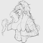  2016 abs anthro areola biceps biped black-kalak black_and_white breasts digital_drawing_(artwork) digital_media_(artwork) feline female front_view fur hair hairband half-length_portrait hi_res holding_object holding_towel hybrid liger line_art lion long_hair mammal monochrome muscular muscular_female nipples nude ponytail portrait savant_(kintarius) signature solo striped_fur striped_tail stripes tail_tuft tiger towel tuft 