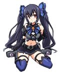  1girl bare_shoulders black_hair hair_ornament hair_ribbon highres kami_jigen_game_neptune_v midriff navel neptune_(series) noire red_eyes ribbon skirt solo twintails 