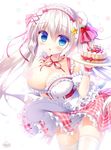  animal_ears bear_ears bear_girl bear_tail blonde_hair blue_eyes breasts cake carrying censored chestnut_mouth cleavage cream dress finger_to_mouth food heart heart_censor highres large_breasts long_hair open_mouth original plate ribbon sasai_saji solo tail thigh_gap thighhighs twintails very_long_hair waitress white_legwear wind wind_lift zettai_ryouiki 
