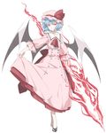  adapted_costume bat_wings blue_hair dress hat looking_at_viewer mary_janes mob_cap neckerchief pink_dress red_eyes remilia_scarlet sakuraba_yuuki shoes short_hair skirt_hold slit_pupils smile solo spear_the_gungnir touhou white_background wings 