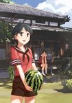  :d bad_id bad_pixiv_id black_eyes black_hair carrying cloud day food fruit grass holding holding_food holding_fruit house kantai_collection knees_together_feet_apart makio_(makiomeigenbot) mikuma_(kantai_collection) miniskirt mogami_(kantai_collection) multiple_girls open_mouth sailor_collar school_uniform serafuku short_hair shorts sitting skirt sky smile tree twintails watermelon 