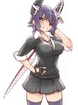  black_skirt breasts checkered checkered_neckwear cowboy_shot eyepatch fingerless_gloves folks_(nabokof) gloves hand_on_hip headgear holding holding_sword holding_weapon kantai_collection large_breasts left-handed looking_at_viewer necktie purple_hair school_uniform short_hair simple_background skirt sleeves_folded_up smile solo sword tenryuu_(kantai_collection) thighhighs weapon white_background yellow_eyes 