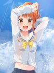  aibumi arms_up blue_skirt blush bow bowtie brown_hair collarbone eromanga_sensei eyebrows_visible_through_hair jinno_megumi looking_at_viewer navel open_mouth orange_eyes rain sidelocks skirt smile solo teeth tied_hair yellow_bow yellow_neckwear 