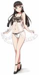  ankle_strap babydoll bangs black_footwear black_hair blunt_bangs blush bow breasts cleavage commentary_request eyebrows_visible_through_hair flower frills full_body green_eyes hair_flower hair_ornament high_heels highres kurosawa_dia legs long_hair looking_at_viewer love_live! love_live!_sunshine!! medium_breasts mole mole_under_mouth panties ribbon see-through shoes simple_background smile solo standing striped striped_bow thigh_gap underwear white_background white_ribbon wrist_ribbon yopparai_oni 