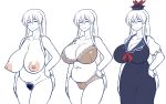  1girl amazon_(taitaitaira) belly blush bra breasts cameltoe cleavage eyes_closed hand_on_hip hat highres huge_breasts kamishirasawa_keine navel nipples nude panties partially_colored plump pubic_hair simple_background smile solo touhou underwear white_background 