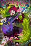  1girl crazy_eyes crazy_smile dementia guitar long_hair looking_at_viewer multicolored_hair sharp_teeth single_thighhigh skirt striped striped_legwear striped_socks thighhighs very_long_hair villainous 