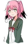  :&gt; =3 artist_name blush_stickers collarbone commentary_request green_jacket hair_between_eyes jacket kantai_collection kunashiri_(kantai_collection) long_sleeves looking_at_viewer moti_coi multicolored_hair neck_ribbon orange_eyes pink_hair red_neckwear red_ribbon ribbon shirt short_hair smile smug solo standing tsurime two-tone_hair two_side_up white_shirt 