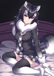  animal_ears bed black_hair blue_eyes breast_pocket breasts commentary_request dated fur_collar gloves gradient_legwear grey_wolf_(kemono_friends) heterochromia highres kemono_friends long_hair long_sleeves looking_at_viewer medium_breasts multicolored_hair necktie on_bed pocket signature sitting sitting_on_bed skirt solo tail two-tone_hair wolf_ears wolf_tail yellow_eyes zerg309 