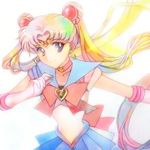  1girl bishoujo_senshi_sailor_moon blonde_hair blue_eyes blue_skirt collarbone crescent crescent_earrings double_bun earrings elbow_gloves gloves jewelry long_hair pleated_skirt sailor_collar sailor_moon skirt smile solo tsukasaki_ryouko tsukino_usagi twintails white_gloves 