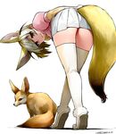  :3 animal animal_ears arms_behind_back bent_over blonde_hair bow bowtie brown_eyes extra_ears fennec_(kemono_friends) fennec_fox fox_ears fox_tail full_body fur_trim happa_(cloverppd) kemono_friends legs looking_at_viewer pleated_skirt short_hair simple_background skirt smile standing tail thighhighs tiptoes white_background white_legwear white_skirt zettai_ryouiki 