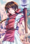  blurry brown_eyes brown_hair depth_of_field fire headband japanese_clothes long_hair male_focus polearm ponytail sanada_yukimura_(sengoku_basara) sengoku_basara solo tsukasaki_ryouko weapon younger 