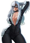  1girl arm_up black_bodysuit black_cat_(marvel) black_choker blue_eyes bodysuit breasts cleavage collarbone contrapposto covered_nipples cowboy_shot domino_mask elbow_gloves felicia_hardy fur_trim gloves hand_in_hair hand_on_hip large_breasts lasterk light_smile long_hair looking_at_viewer marvel mask open_clothes parted_lips partially_unzipped silver_hair simple_background solo spider-man_(series) standing white_background white_gloves zipper 