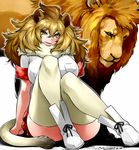  animal animal_ears arm_support blonde_hair boots breasts fur_collar happa_(cloverppd) kemono_friends large_breasts lion lion_(kemono_friends) lion_ears lion_tail long_hair looking_at_viewer mane short_sleeves simple_background sitting skirt smile tail thighhighs white_background yellow_eyes 