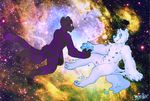  black_pawpads blue_pawpads conduit_(character) digitigrade ebcera_(character) feline floating galaxy goo_creature majorpiece mammal pawpads purple_stripes smile stripes 