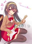  :d alternate_costume black_hair black_legwear bow bowtie brown_eyes brown_sweater eighth_note electric_guitar guitar hair_between_eyes hair_ornament hairband hairclip haruna_(kantai_collection) instrument kantai_collection long_hair long_sleeves looking_at_viewer musical_note open_mouth pleated_skirt red_skirt sato_ame school_uniform shirt signature sitting skirt smile solo sweater thighhighs wariza white_shirt zettai_ryouiki 