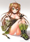  artist_name bangs black_footwear black_gloves blush bow breasts brown_hair cleavage collar collarbone double_bun eyebrows_visible_through_hair fingerless_gloves girls_frontline gloves green_bow green_eyes hair_bow kneehighs large_breasts long_hair looking_at_viewer macchiato_(jae-min_cho) mary_janes medium_breasts mismatched_legwear open_mouth panties pantyshot pantyshot_(sitting) rfb_(girls_frontline) shoes single_fingerless_glove single_glove sitting solo teeth thighs triangle_mouth underwear white_panties 