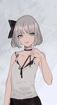  :d alternate_costume arm_at_side bangs bare_arms bare_shoulders black_bra black_choker black_ribbon blunt_bangs bra choker collarbone contemporary flat_chest green_eyes grey_background hair_ribbon highres hillly_(maiwetea) konpaku_youmu looking_at_viewer md5_mismatch open_mouth parted_lips ribbon short_hair sleeveless smile solo teeth touhou triangle underwear upper_body 