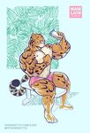  2016 abs anthro benji_(character) beverage bracelet clothed clothing clouded_leopard ear_piercing feline flexing green_eyes grin hyper hyper_muscles jewelry mainlion male mammal muscular muscular_male partially_clothed pecs piercing shorts simple_background sitting smile solo thick_thighs topless vein veiny_muscles 