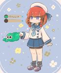  anchor anklet bike_shorts black_legwear blue_eyes blue_neckwear blue_ribbon blue_sailor_collar blue_skirt blush_stickers bob_cut braid buttons chain commentary etorofu_(kantai_collection) floral_background hat inishie jewelry kantai_collection mary_janes neckerchief parody pleated_skirt red_hair ribbon sailor_collar sailor_hat school_uniform serafuku shoes sidelocks skirt smile solo standing thick_eyebrows translation_request twin_braids watering_can white_hat 
