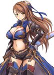  beatrix_(granblue_fantasy) belt blush breasts brown_eyes brown_hair cleavage gloves granblue_fantasy hair_ornament hair_ribbon hand_on_hip kokutou_nikke large_breasts long_hair looking_at_viewer navel ponytail ribbon scabbard sheath short_shorts shorts simple_background sketch smile solo thighhighs white_background 