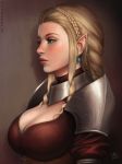  2018 artist_name blonde_hair braid breasts brown_shirt closed_mouth commentary corset crown_braid drill_locks ear_piercing earrings elf english_commentary expressionless eyelashes from_side green_eyes half-closed_eyes highres jewelry large_breasts lips long_hair looking_away mirco_cabbia nose original pauldrons piercing pointy_ears realistic shadow shirt sidelocks signature solo turtleneck upper_body 