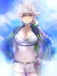  asymmetrical_hair blue_background braid breasts cape cloud_print commentary_request cowboy_shot crop_top gradient gradient_background jitome kantai_collection large_breasts long_hair looking_at_viewer midriff miniskirt navel parted_lips pleated_skirt primary_stage silver_hair single_braid skirt solo thighhighs twitter_username unryuu_(kantai_collection) very_long_hair wavy_hair yellow_eyes 