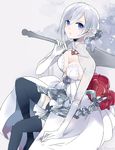  armor armored_dress blue_eyes breasts chain chon_(chon33v) cleavage elbow_gloves flower full_body gloves hair_ornament highres holding holding_sword holding_weapon looking_at_viewer medium_breasts pale_skin rose silver_hair simple_background sinoalice sitting snow_white_(sinoalice) solo sword thighhighs tied_hair weapon 