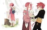  2boys aizen_kunitoshi baby babywearing bob_cut clothesline cropped_jacket female_saniwa_(touken_ranbu) hair_flaps hakama hip_vent hotarumaru japanese_clothes laundry laundry_basket mayuge_(ugm_zzz) multiple_boys oni oni_horns red_hair saniwa_(touken_ranbu) silver_hair simple_background smile touken_ranbu translation_request white_background younger 