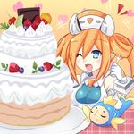  1boy 1girl bare_shoulders blue_eyes breasts cake choujigen_game_neptune covered_navel elbow_gloves gloves hair_ornament highres leotard long_hair looking_at_viewer medium_breasts neptune_(series) one_eye_closed open_mouth orange_hair orange_heart shin_jigen_game_neptune_vii smile symbol-shaped_pupils tennouboshi_uzume twintails umio_(choujigen_game_neptune) 