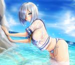  absurdres bikini blue_bikini blue_eyes breasts cowboy_shot day eyes_visible_through_hair hair_ornament hair_over_one_eye hairclip hamakaze_(kantai_collection) highres kantai_collection large_breasts leaning_forward looking_at_viewer onion_(kumagaioyr) outdoors rock see-through short_hair side-tie_bikini silver_hair smile solo striped striped_bikini swimsuit wading water wet wet_clothes 